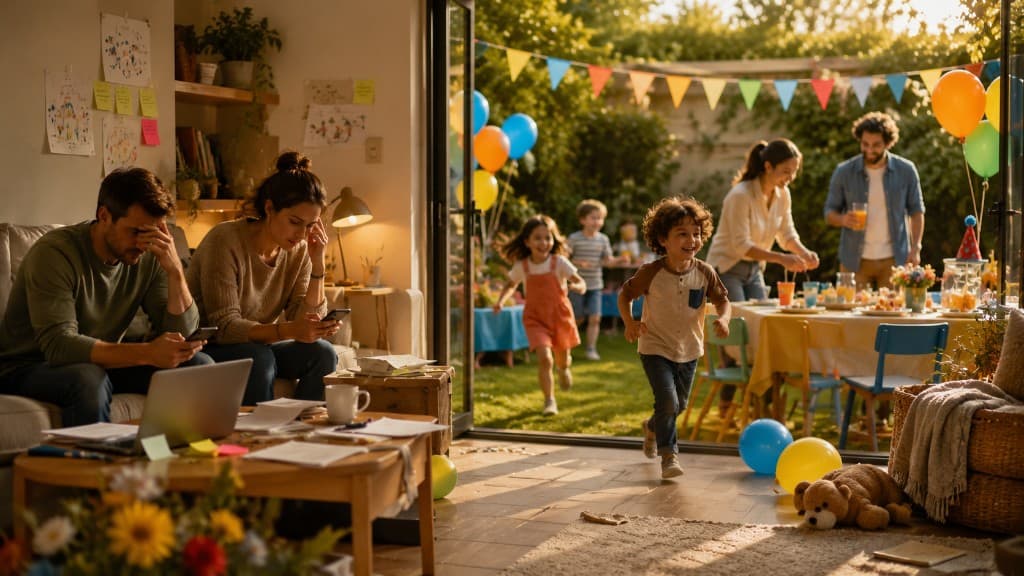Padres organizando en casa mientras los niños disfrutan un cumpleaños en el jardín